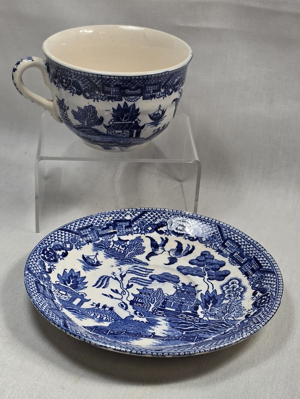 Vintage Blue Willow Teacup & Saucer Set Japan Floral Transferware Tea Cup Retro